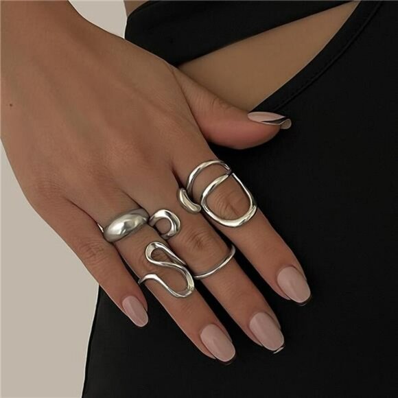 Gold Silver Chunky Ring Set Adjustable Stackable Knuckle Dome Rings Women - Picture 2 of 7